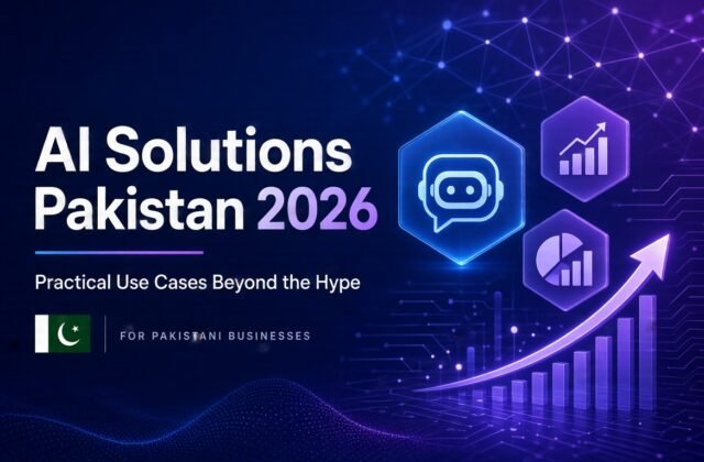 AI-powered solutions for Pakistani businesses 2026 – practical use cases beyond the hype showing chatbot, analytics charts, growth arrow and Pakistan flag