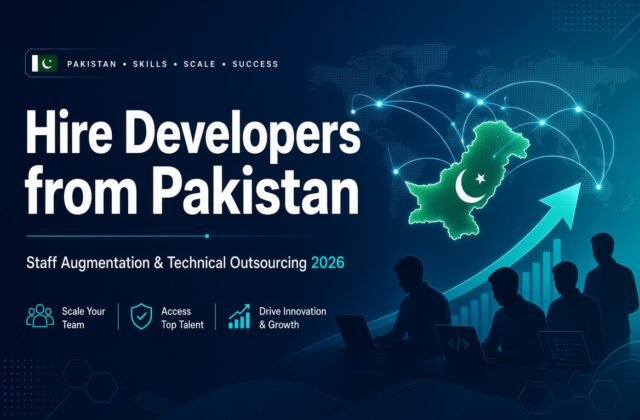 Hire software developers from Pakistan 2026 – staff augmentation and technical resource outsourcing guide with Pakistan map, developers working, and growth arrow