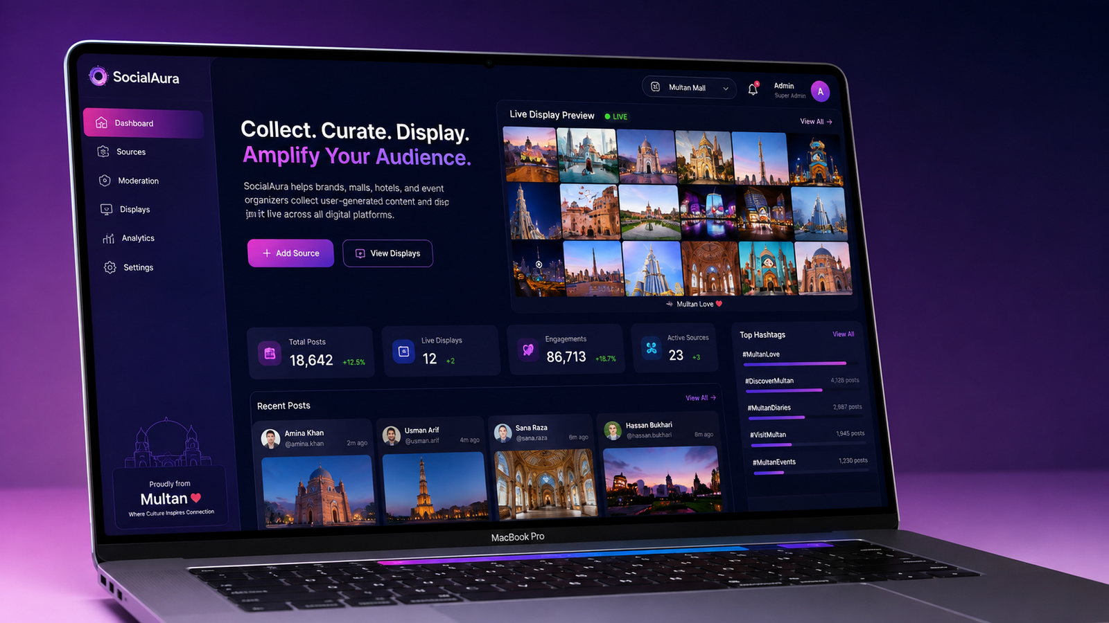 SocialAura social media content aggregator and UGC platform dashboard