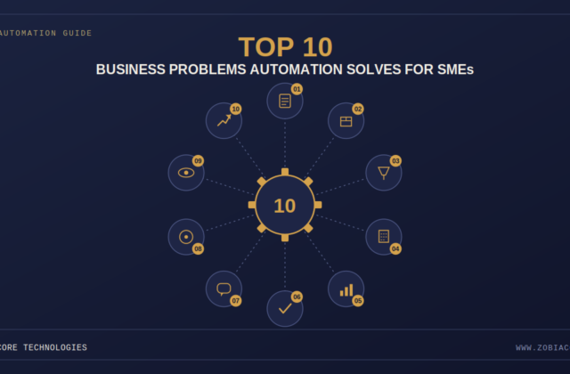 Top 10 business problems software automation solves for SMEs — icons for data entry, inventory, leads, invoicing, reports, approvals, support, payroll, visibility, and growth