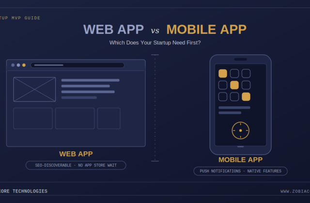 Web app vs mobile app comparison for startups — browser window and smartphone app icons illustrating the MVP platform decision